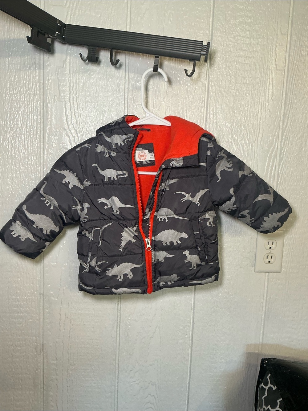 wonder nation Black Puffer Jacket with Gray Dinosaur Print and Red Lining
